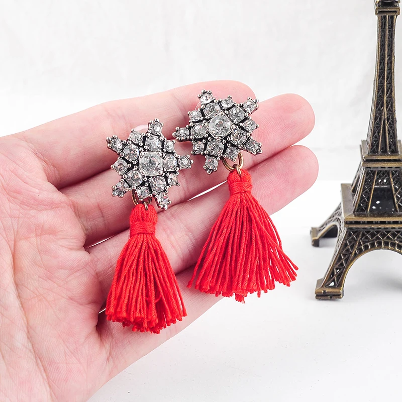 2019 KPOP красные серьги кисточки с кристаллами в виде Снежинки Висячие этнические