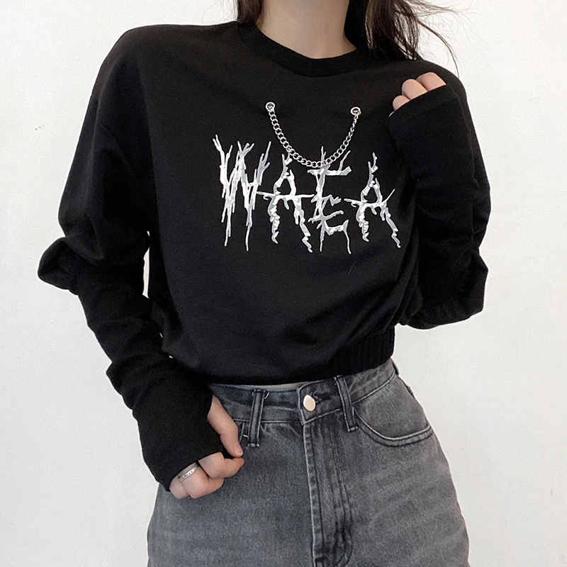 

Gothic Punk Style Chain Black Sweatshirt Women Harajuku Cropped Tops Pullovers Letter Print Clothes Sweatshirts fall clothing