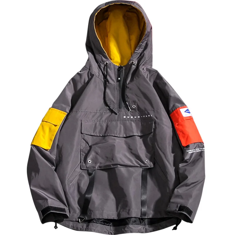

Men Long Sleeve Strap Front Pocket Hooded Zipper Anorak Windbreaker Jacke