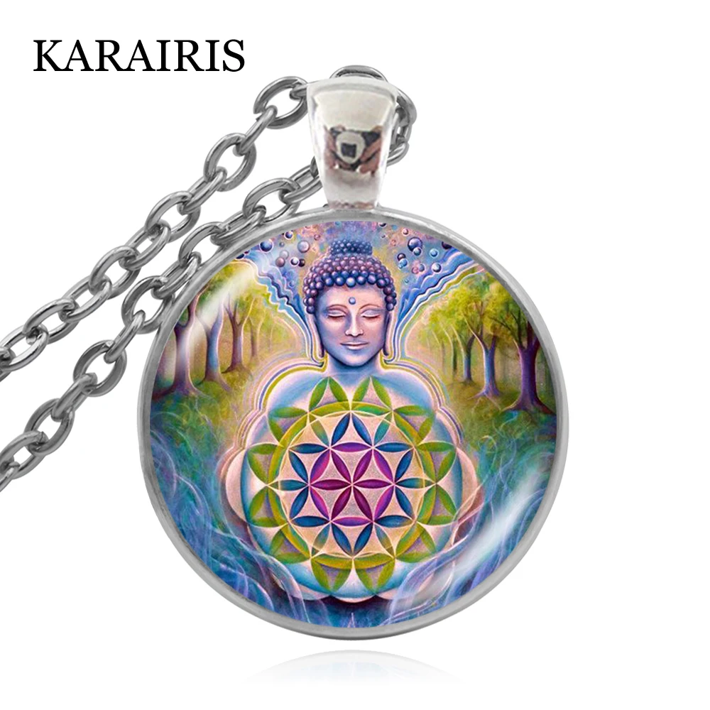 

KARAIRIS OM Buddhist Flower of life Pendant Necklace Round Glass Cabochon Dome Yoga Meditation Necklaces Man Women Jewelry