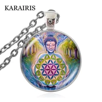 karairis om buddhist flower of life pendant necklace round glass cabochon dome yoga meditation necklaces man women jewelry