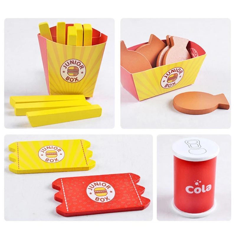 

Simulation Wooden Hamburger Fries Fast Food Model Set Kids Pretend Play Toy Creating Stacking Burger Combinations Kids