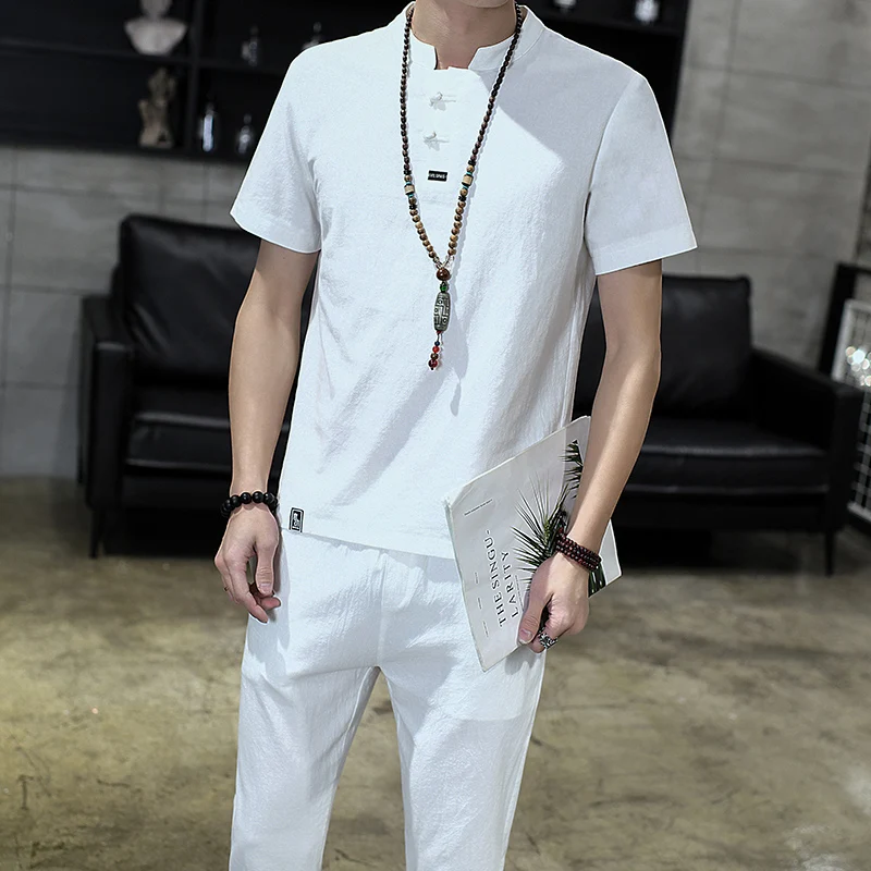 

Chinese Style Stand-up Collar Embroidery Two-piece Summer New Comfortable Breathable Men Short-sleeved T-shirt and Trousers