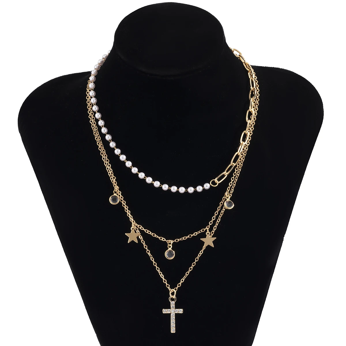 

Vintage Simple Pearl Handmade Rhinestone Cross Chain Necklaces Bohemia Dainty Star Circle Pendant Choker Necklace Women Jewelry