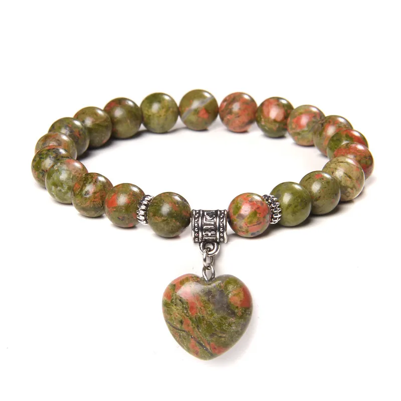 

Reiki Natural 8 mm Unkiate Stone Beads Bracelets Women Yoga Jewelry Heart Shape Charm Bracelets For Men Mala Pulsera Couples