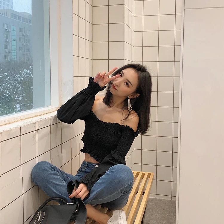 

Women's Clothing Spring Autumn New Sexy Slash Neck Crop Top Female White Puff Long Sleeve Shirts Korean Fashion Slim Blouse Ins