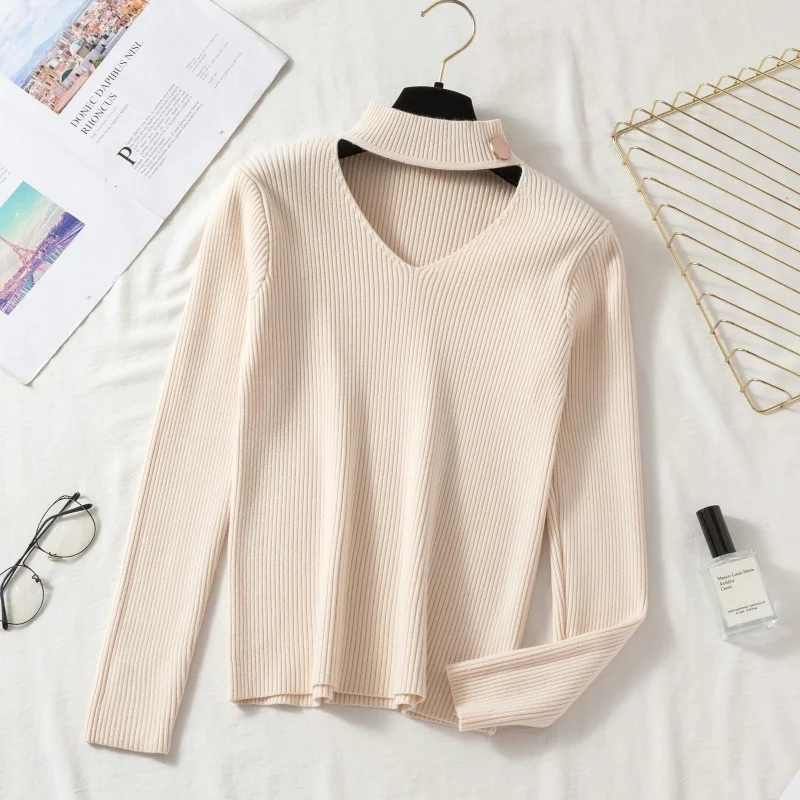 

Зимняя одежда, вязаные женские свитера, пуловеры с V-образным вырезом, Осенний базовый женский джемпер, облегающий женский свитер с длинным ...