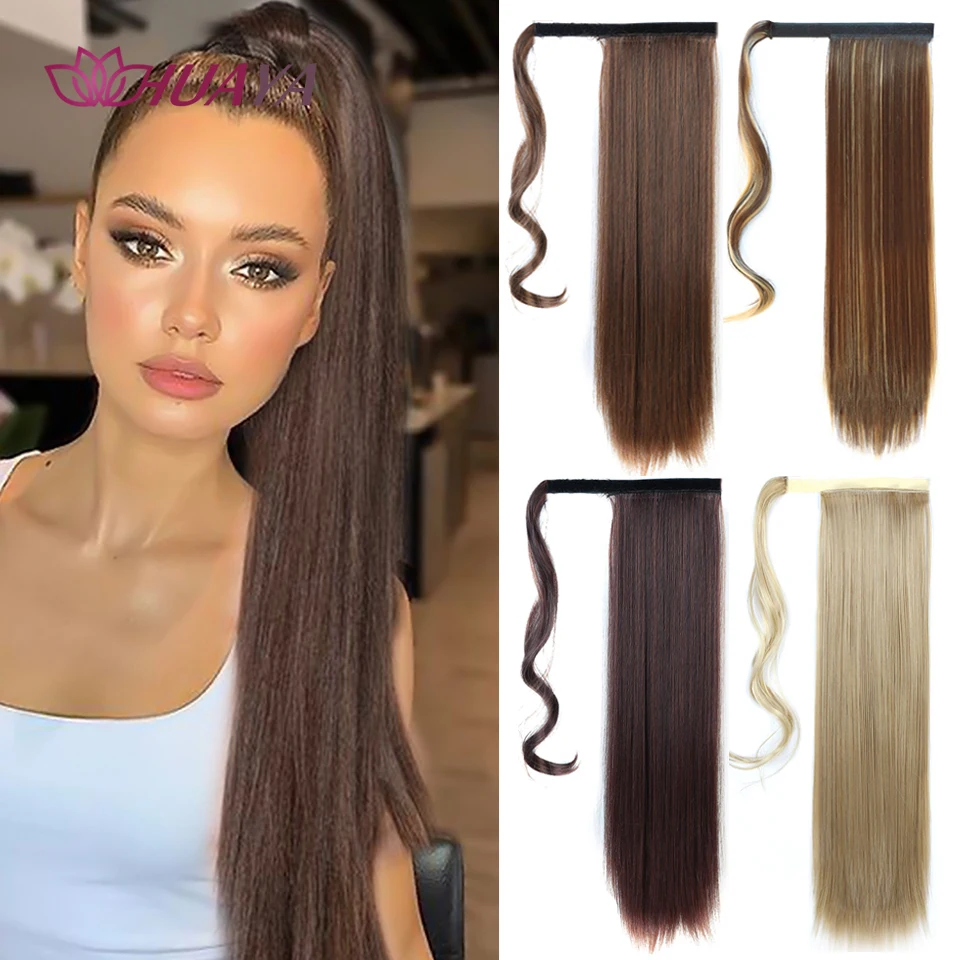 Длинные прямые накладные волосы HUAYA с зажимом для конского хвоста шпильками