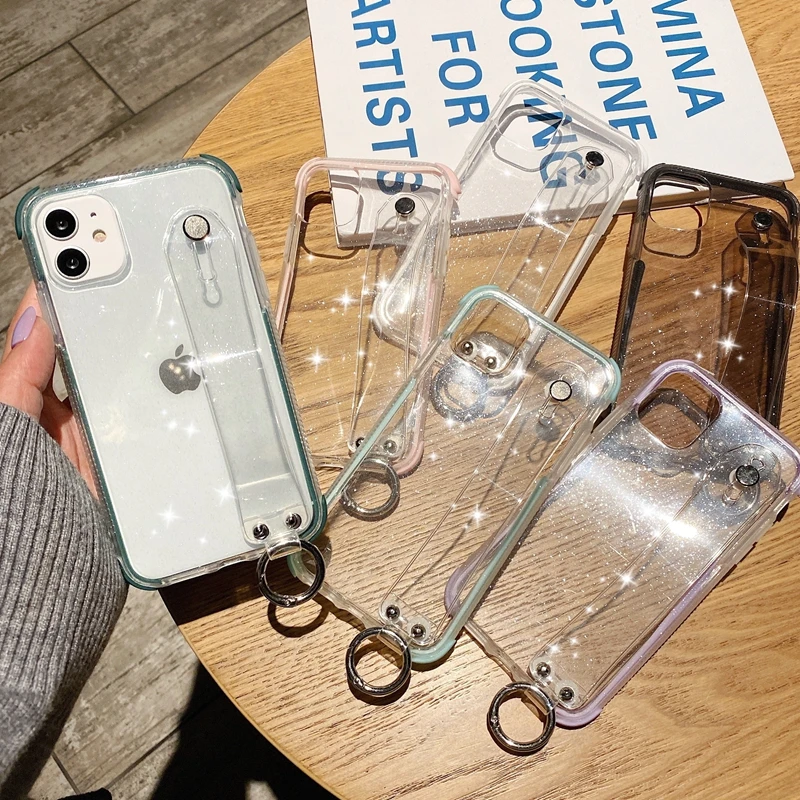 

Luxury Transparent Wrist Strap Phone Case For iPhone 11 12 mini Pro Max X XR XS Max 7 8 Plus SE 2020 Kickstand Case Cover