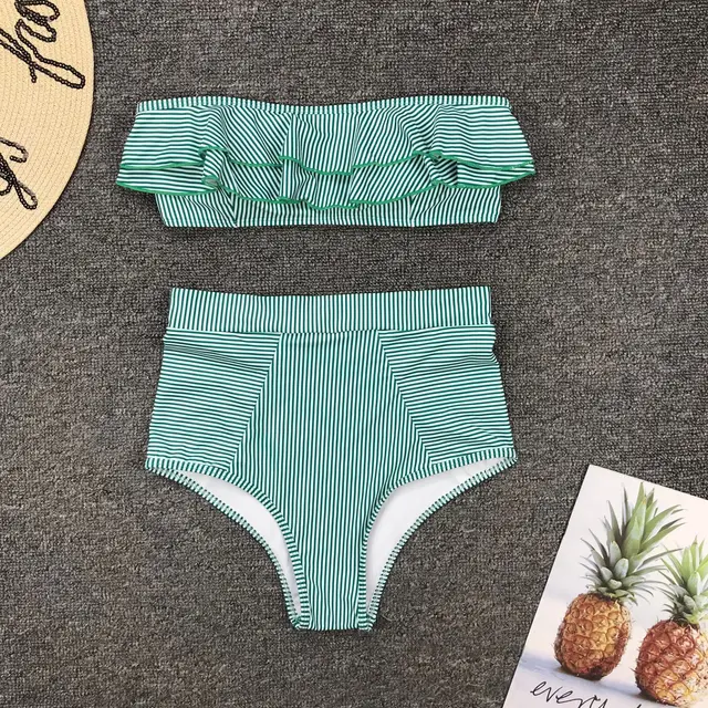 striped ruffle high waisted bikini set