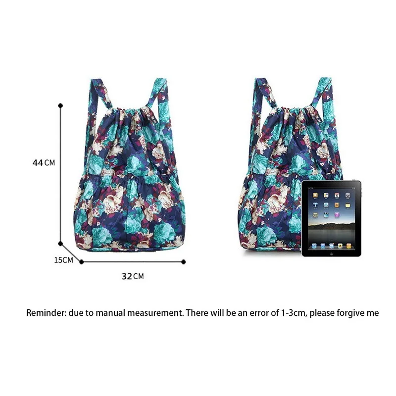 

travel bundle pocket Drawstring Backpack Retro Blue Flower women's foldable light thin backpack double shoulder large capacity