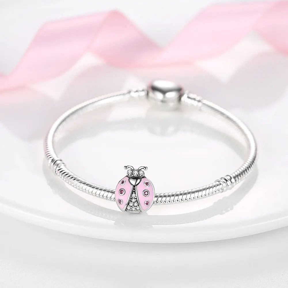 

Ladybug Beads 925 Sterling Silver Pink Enamel Ladybug Charms fit for Original Pandora Bracelet Bangle Silver 925 Jewelry Making