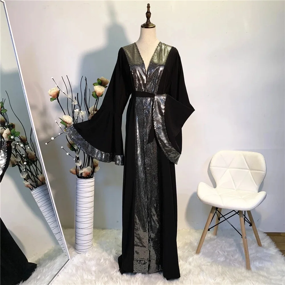 

Donsignet Muslim Dress Muslim Fashion Middle East Eid Duabi Abaya Turkey Robe Luxury Shiny Butterfly Sleeve Belt Arabian Robes