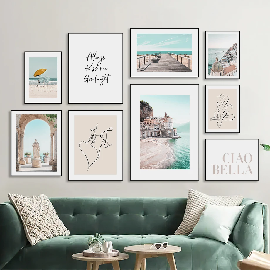 

Green Coast Castle Town Abstract Line Body Wall Art Canvas Painting Nordic Posters And Prints For Living Room Home Wall Pictures
