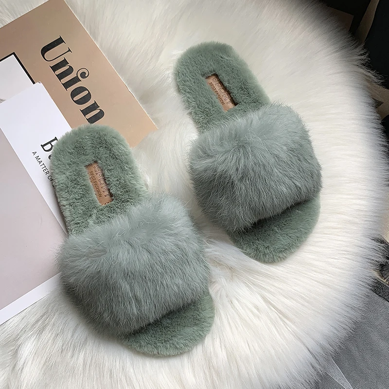 Hot Sale Women Slippers Fashion Fluffy Faux Fur Plush Slippers Women Spring Autumn Slides Flip Flops Flat Shoes 35-40 g754 - Цвет: Травянисто-зеленый