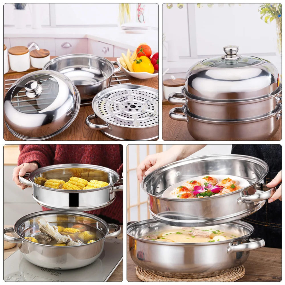 

1Pc Multi-functional Stainless Steel Steaming Pot Steam Pot Soup Pot (Silver)