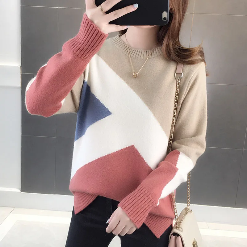 Вязаный женский зимний свитер с длинным рукавом и круглым вырезом Женский