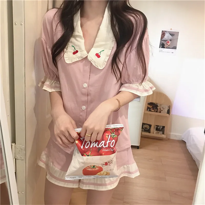 

Women Pajamas 2020 New Sweet Cherry Embroidery Two-piece Suit Summer Short Panst Suits Minimalist Loose Sleepwear