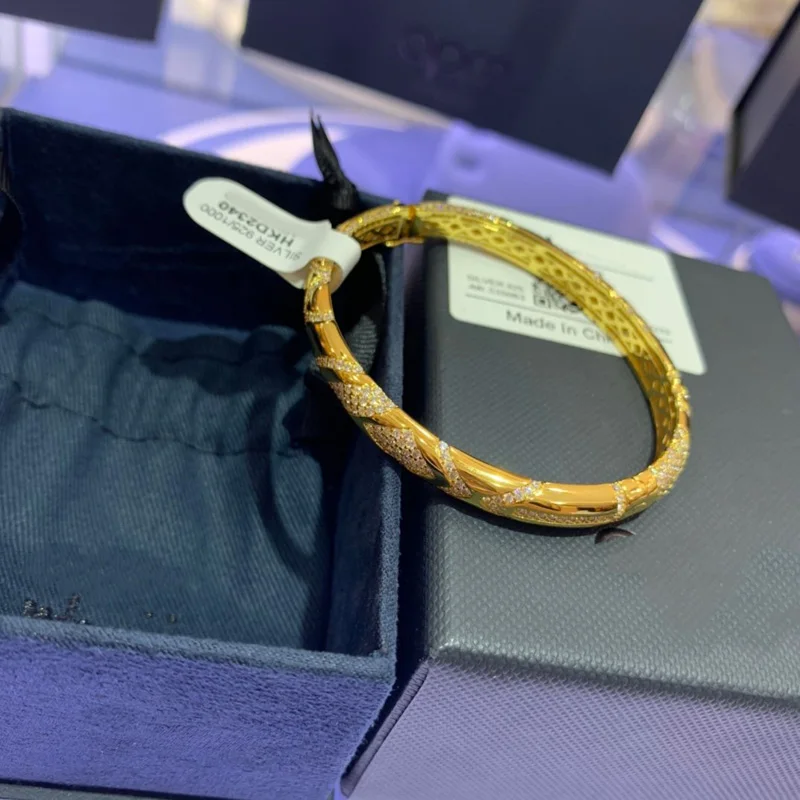 

Fashion Charm Sterling Silver Copy 1:1 Copy,Yellow Silver Intricate Design Paved Bangle Women Luxury Jewelry Gift