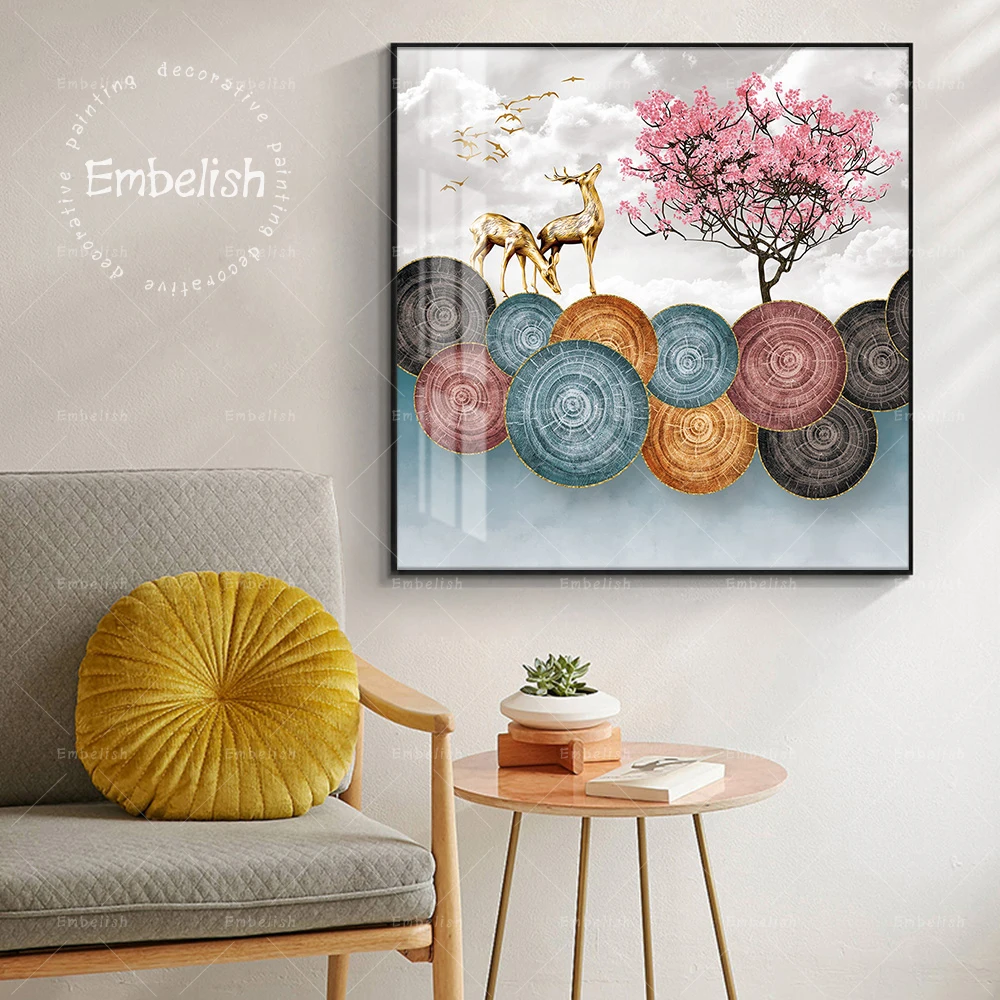 

Embelish Pink Abstract Landscape Pictures Tree And Deer Animal Wall Canvas Painting Modern Home Decor Posters For Living Room