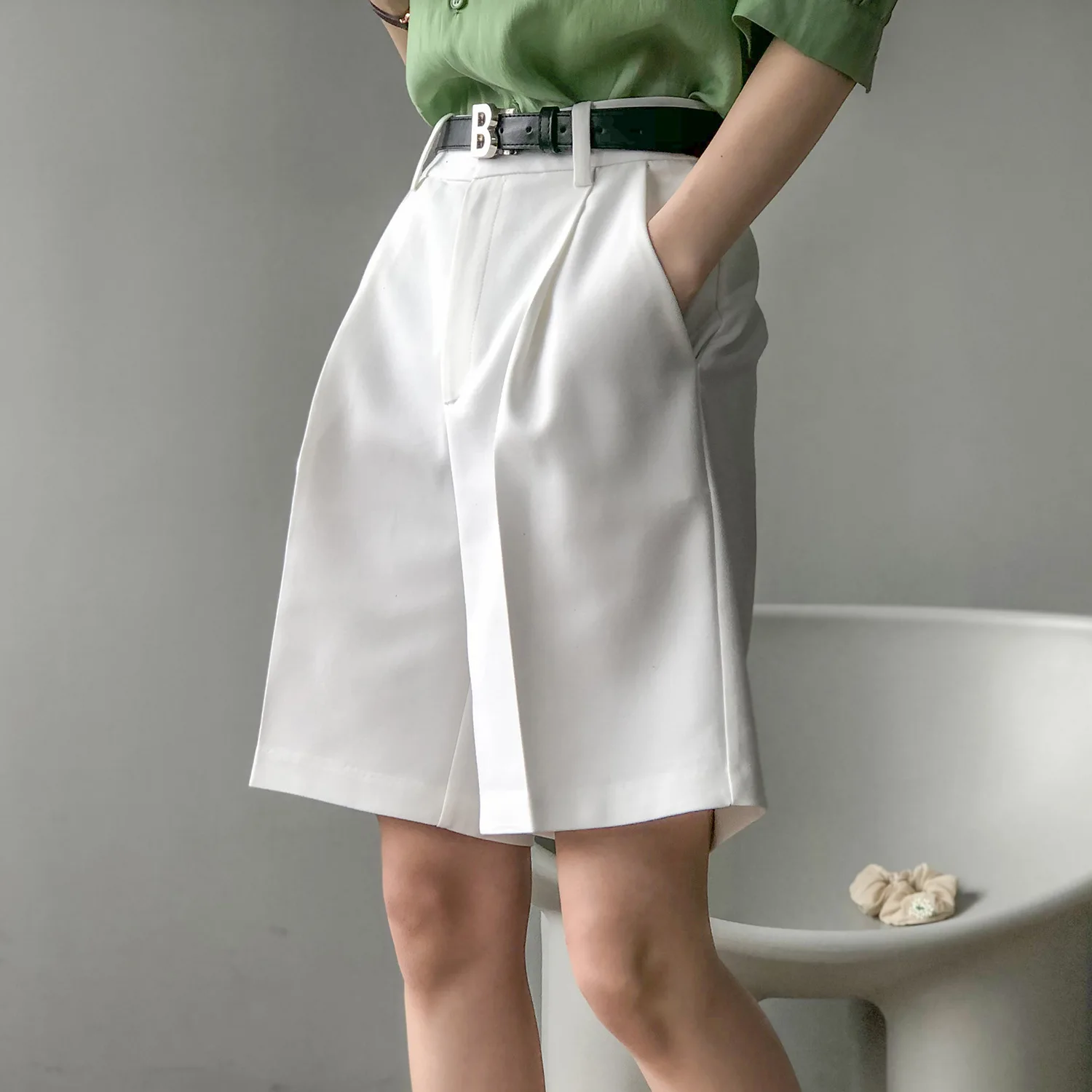 

summer pure color suit shorts female high waist straight loose women leisure trousers 9571#