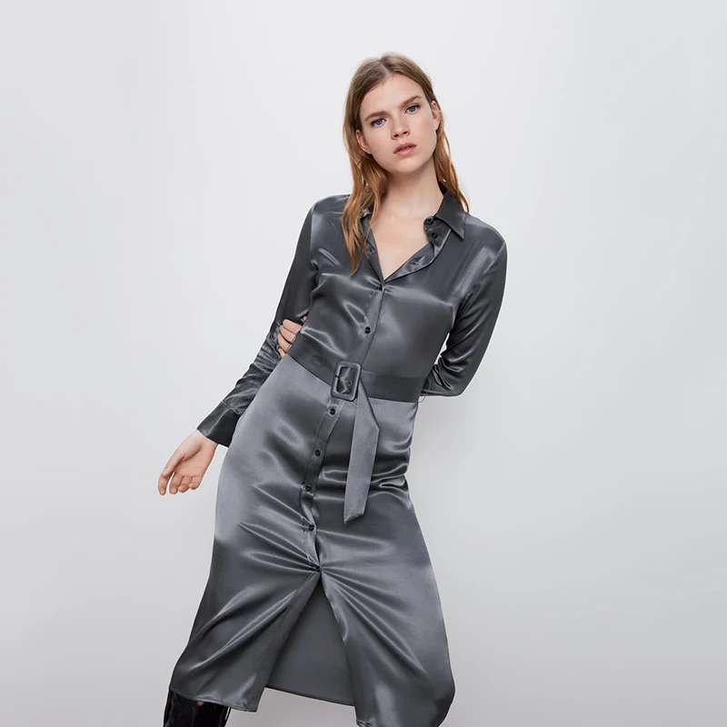 Женское шелковое платье ZA модное однобортное с отложным воротником и длинным