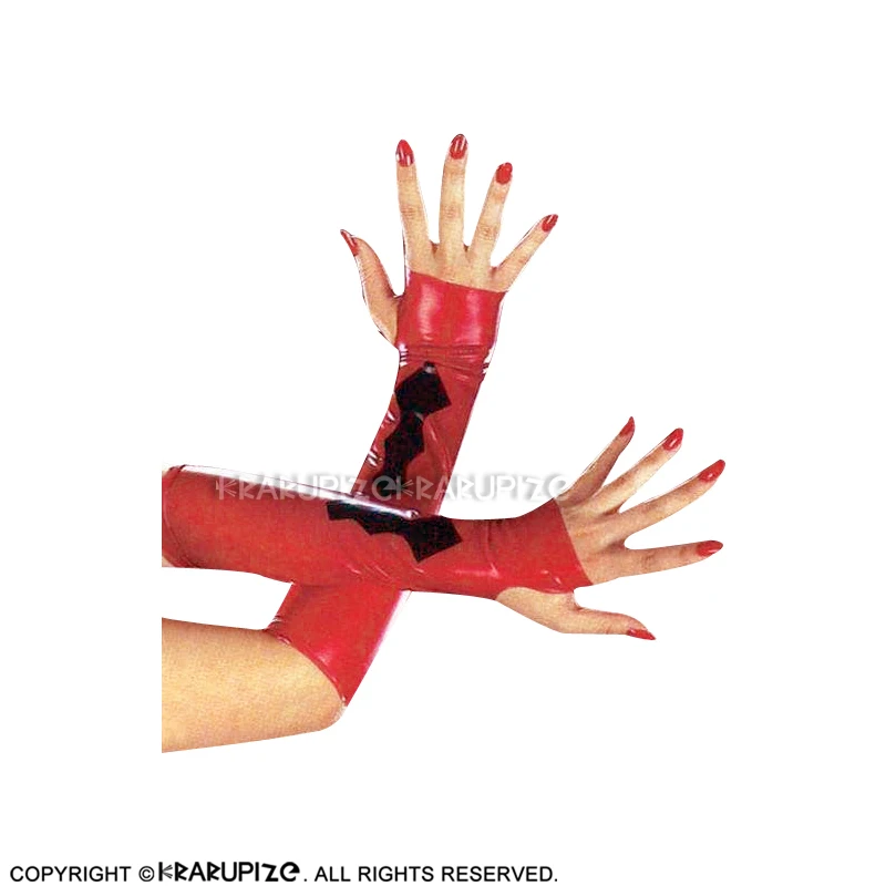 Red And Black Fingerless Ebow Latex Gloves With Trims Rubber Mittens ST-0062