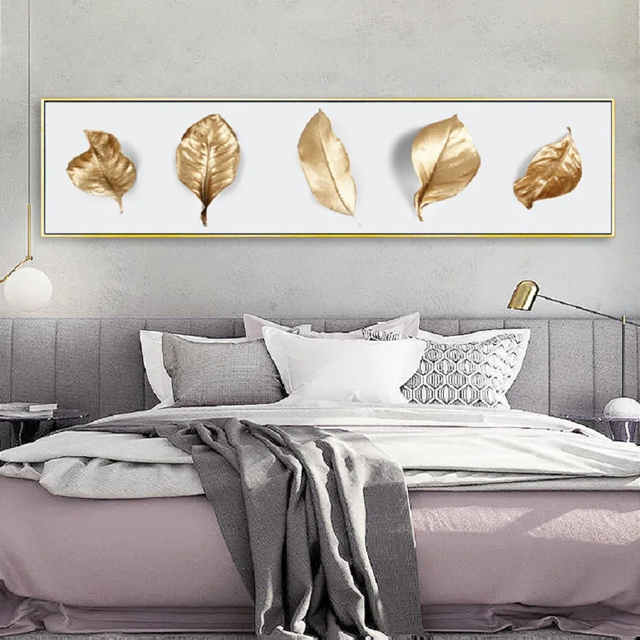 

Nordic Bedside Long Golden Leaves Canvas Prints Posters Little Stone Wall Art Canvas Paintings for Bedroom Home Decor
