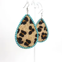 new turquoise stone beads around wood teardrop leopard earrings for women natural wooden base statement christmas earrings gifts
