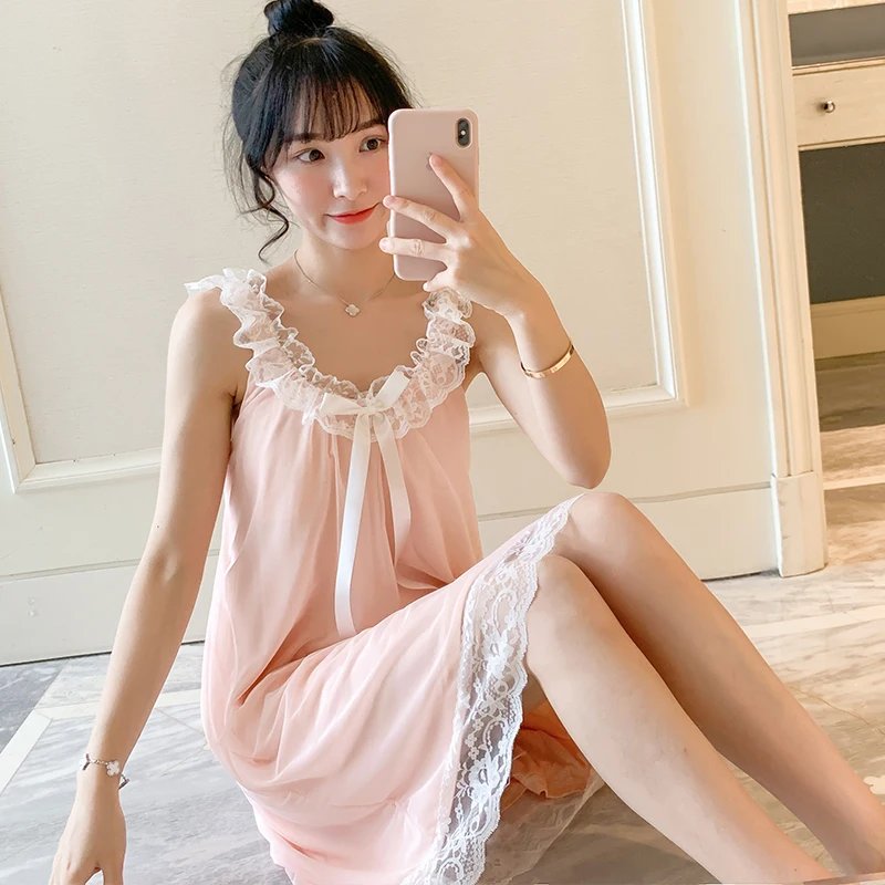 Summer Women Silk Sleepwear Sexy Princess Shoulder-Straps Nightgown Ruffle Lace Patchwork Chiffon Female Dress Sweet Sleep | Женская