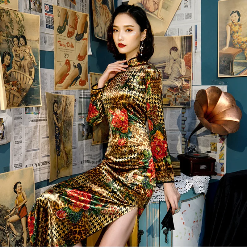 Sheng Coco Gold золото бархат Cheongsam Плюс размер платья длинный рукав вечернее Ципао золочение Cheongsam Qipao улучшить женское платье