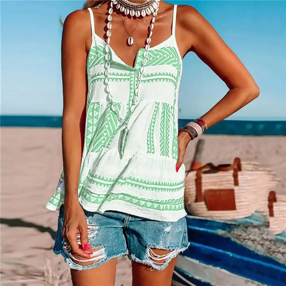 

Hot Sales Women Camisole Spaghetti Straps Polyester Stripes Button Sleeveless Blouse Loose Tanked Top Vest for Summer