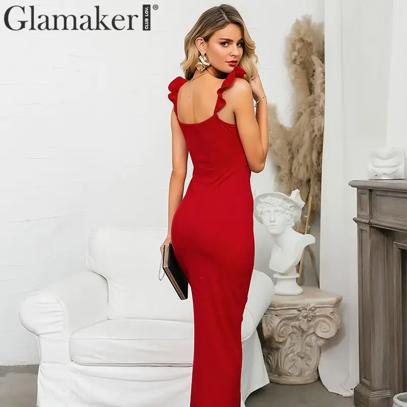 Glamaker, Красное вязаное винтажное сексуальное платье с v-образным вырезом, с выемками, с закручивающимися пуговицами, элегантное женское платье, Осень-зима, женские вечерние платья, длинное платье
