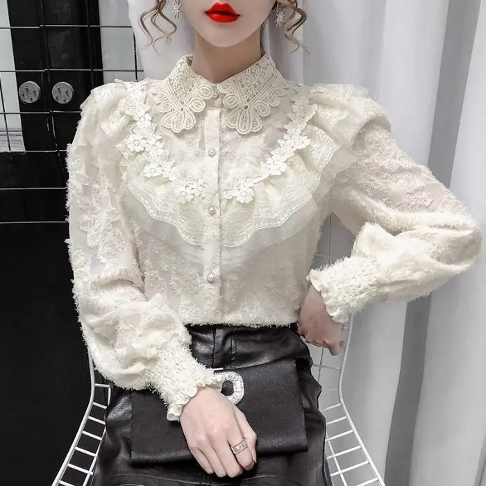Женская блузка 2021 Осень Зима Стиль кружевная прострочка воротник поло рубашка с