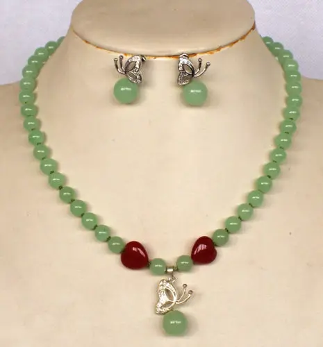 Хит продаж новинка Модный комплект из ожерелья и сережек 8 мм зеленый нефрит 18 К