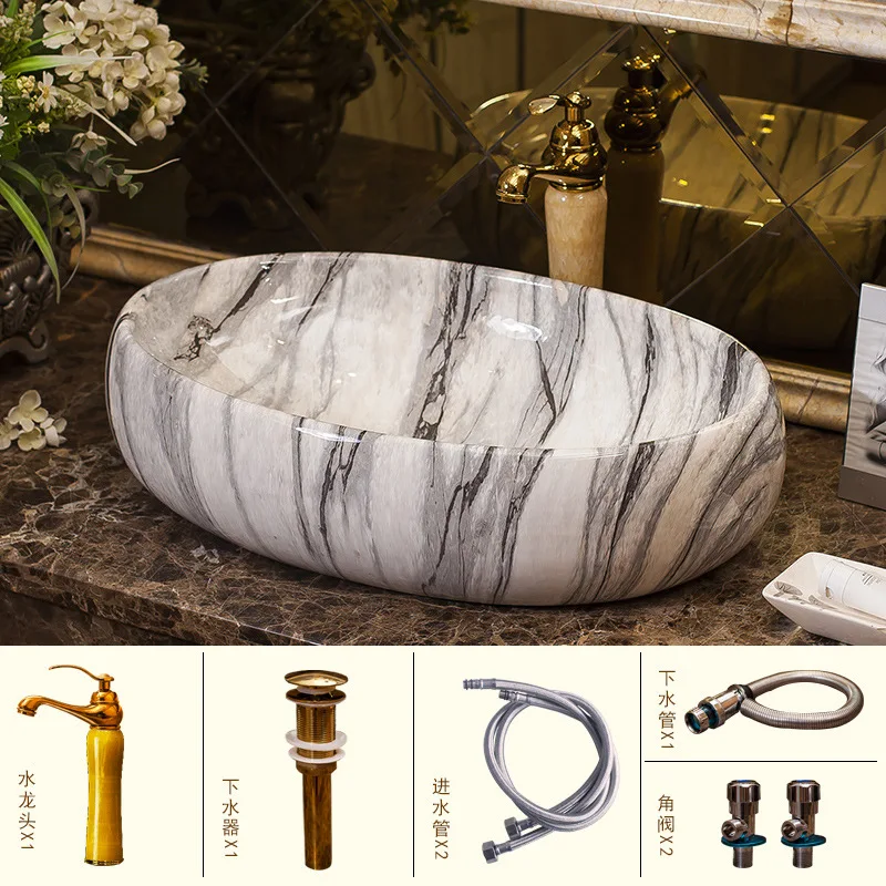 Керамическая раковина над прилавком овальная с Европейским мраморным узором