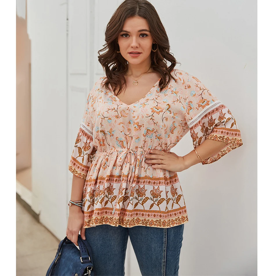 

GXDS Plus Size Floral Print T-Shirt Women 2021 Summer Boho Holiday Beach Top Casual Sexy Lady V-Neck Short Sleeve 2 Color 4XL