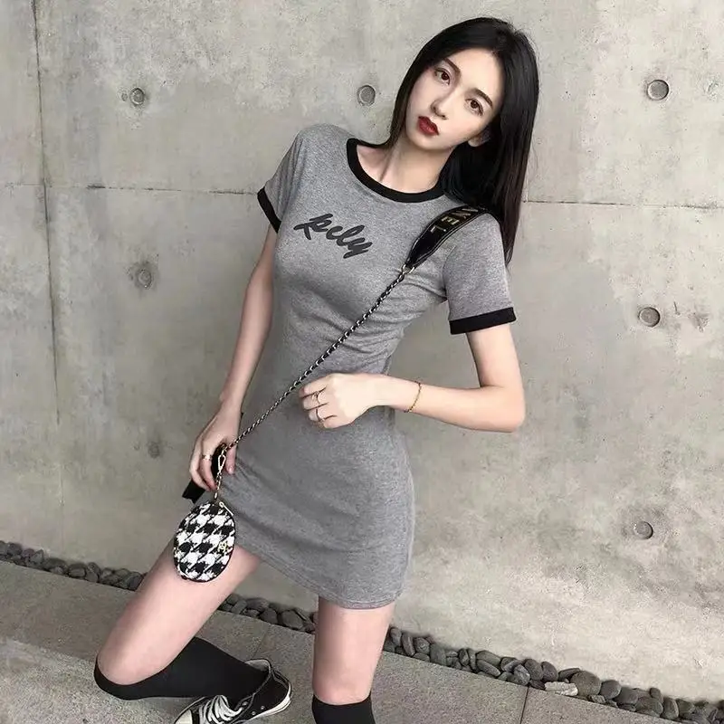 

Grey Slim T-shirt Skirt 2021 New Summer Women's Dress Korean Version Simple Short Sleeve Dress Mid Length Skirt Fashion