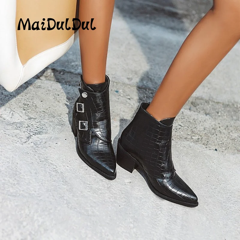 

Womens Solid Belt Buckle Fashion Zipper Ankle Boots Female Rubber Non-slip Sole Short Thick Heel Shoes Wedges Fleece-lined Boots