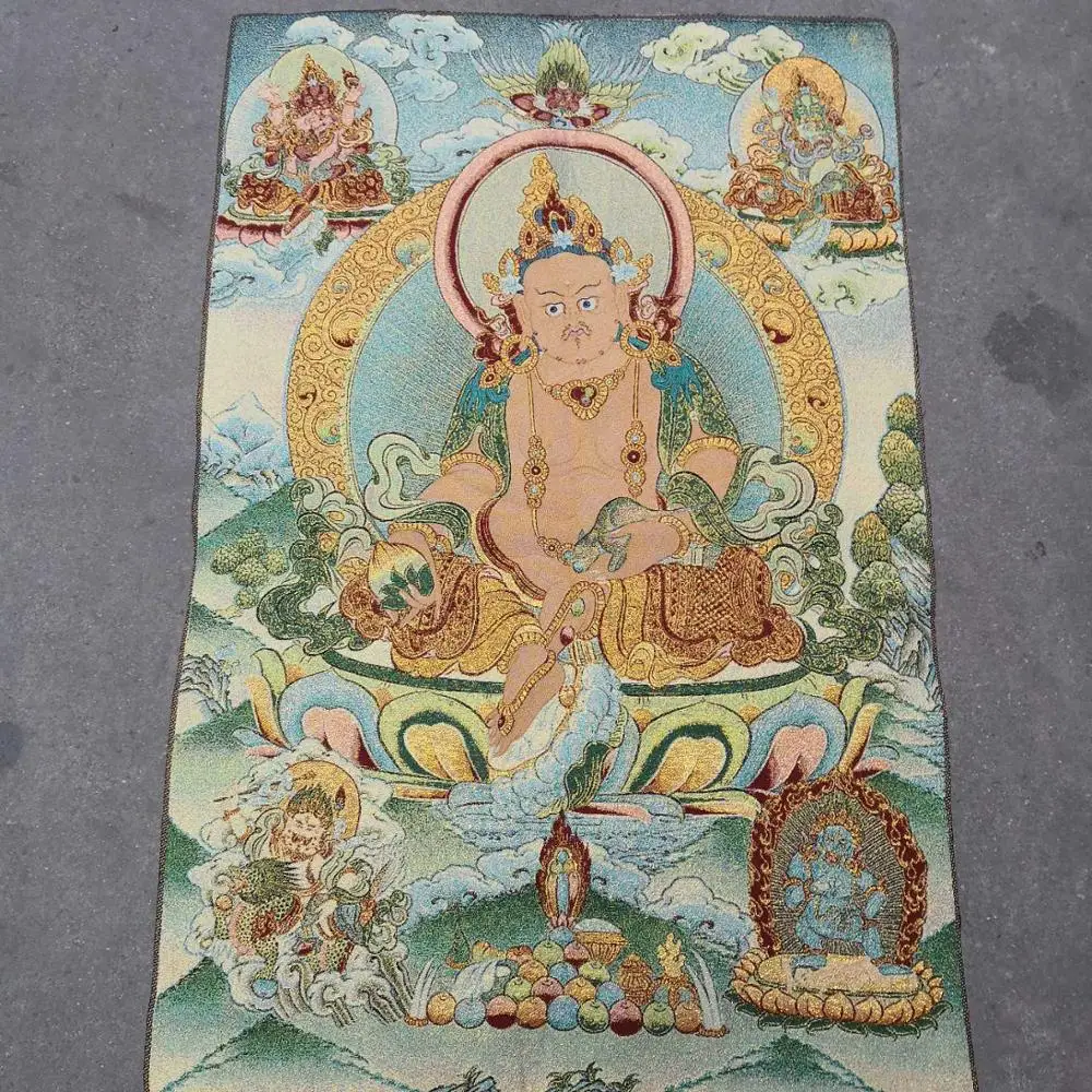 

Home Decor 35" Thangka embroidery Tibetan Buddhism silk embroidery brocade Nepal Yellow God of Wealth Statue Thangkas