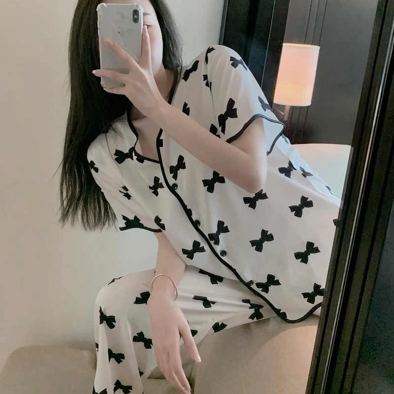 

Pajamas For Women 2 Pieces Sets 2021 New Price Net Red Pajamas Women 'S Summer Thin Ice Silk Top Loose Trousers Western Style H