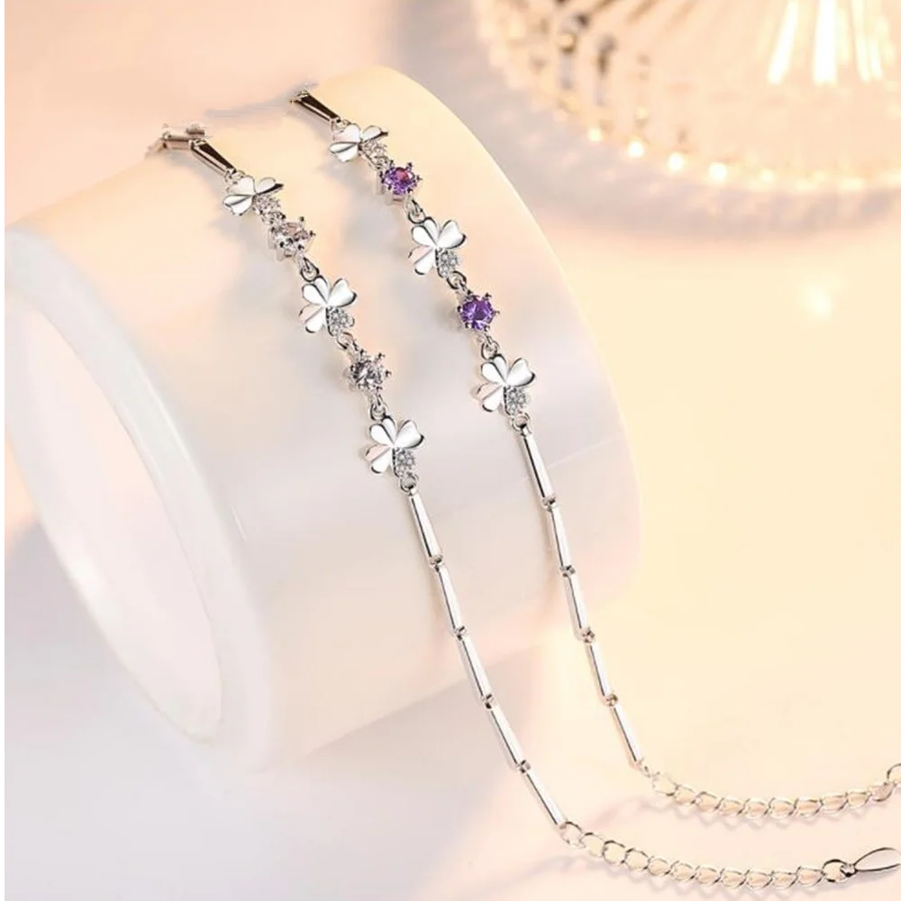 

925 sterling silver bracelet fashion jewelry purple crystal flower pattern retro simple spring buckle bracelet 20.8CM