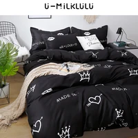 Love Pattern Bedding Set Black Sheet Set Single Double Queen King Size Elastic Duvet Cover Pillowcases Simplei Bed Comforters