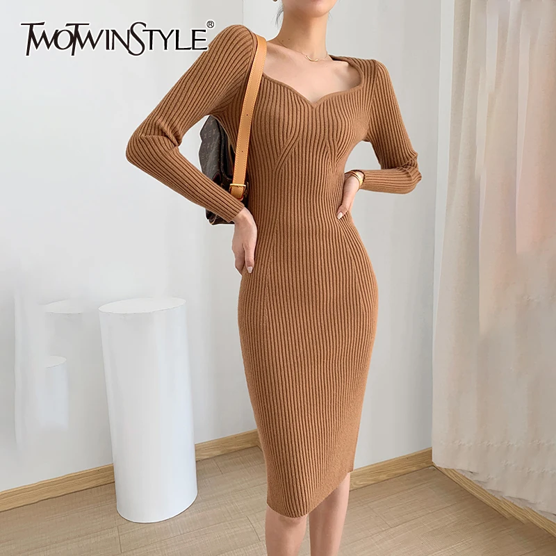 

TWOTWINSTYLE Solid Color Dresses For Female Square Collar Long Sleeve High Waist Slimming Women's Elegant Knitting Dress New