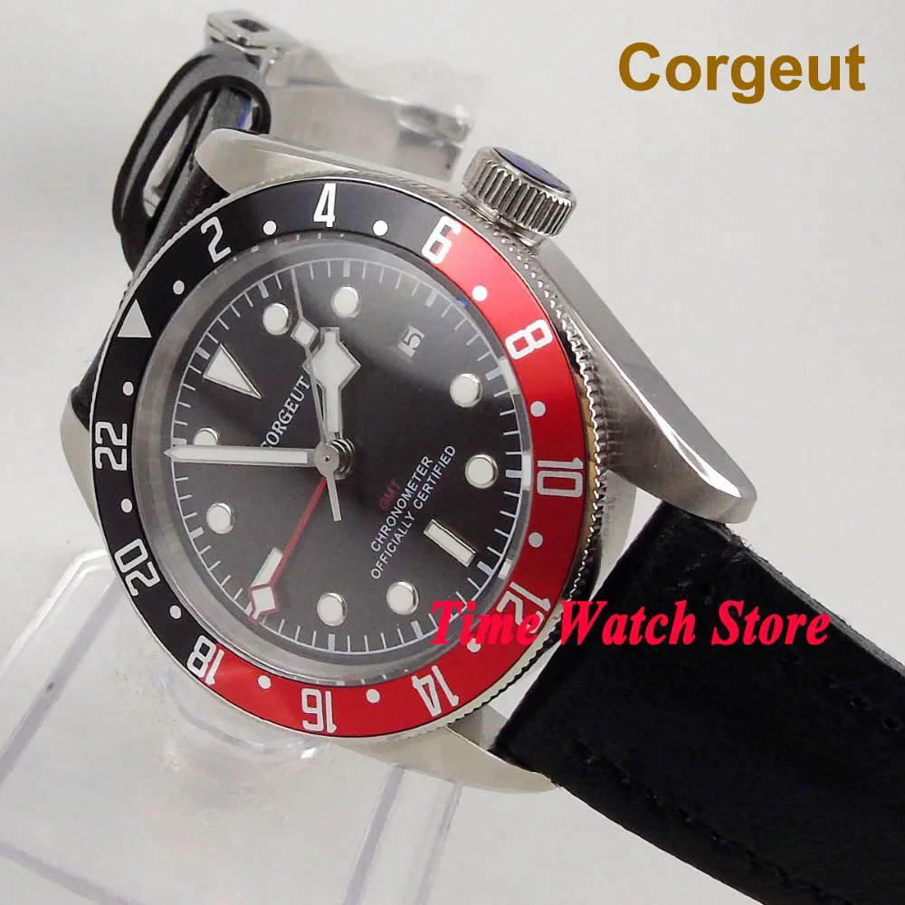 

Quality 41mm Corgeut GMT wrist watch men waterproof dive pilot leather bracelet steel black dial luminous sapphire japan date