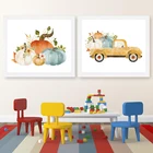 Винтажный постер с изображением грузовика, фермы, свежие тыквы, акварельная живопись, украшение в стиле фермерского дома, холщовые принты, домашний декор для стен