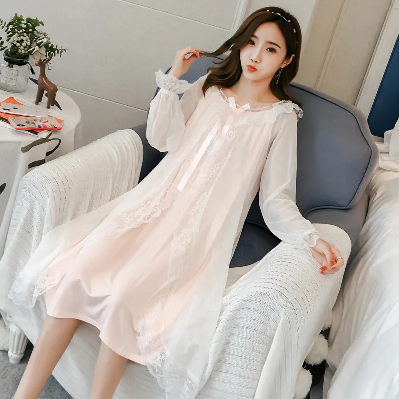 

Халат женский хлопковый с длинным рукавом, винтажная кружевная ночная рубашка в дворцовом стиле, ночнушка в Корейском стиле принцессы, весн...