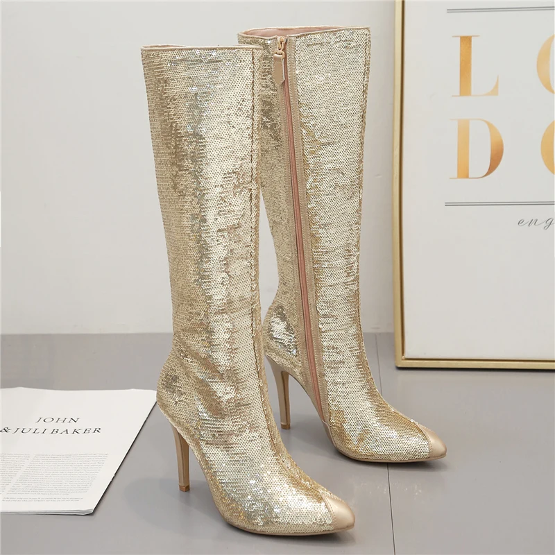 2019 женские блестящие сапоги на высоком каблуке 10 см черные позолоченные каблуки