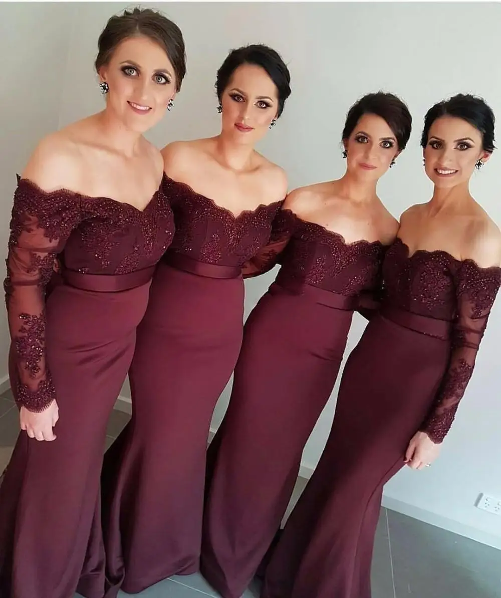 Burgundy Long Sleeves Mermaid Bridesmaid Dresses Lace Appliques Off the Shoulder Maid of Honor Gowns