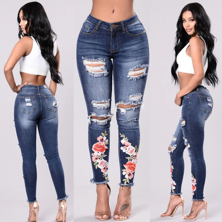 

2020 Colorful Stretch Hole Embroidered Denim Trousers Pantalones De Mesclilla Para Mujer High Waisted Jeans